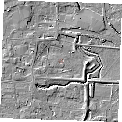 Shaded relief map of the ground around PE305EP, computed from Environment Agency LiDAR. The ground here sits at about 3 m above sea level and falls 6 m across the surrounding 800 m. Surface water reaching this point runs off ground lying to the east, 4.9 m higher.