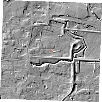 Shaded relief map of the ground around PE305ER, computed from Environment Agency LiDAR. The ground here sits at about 4 m above sea level and falls 6 m across the surrounding 800 m. Surface water reaching this point runs off ground lying to the east-north-east, 4.9 m higher.