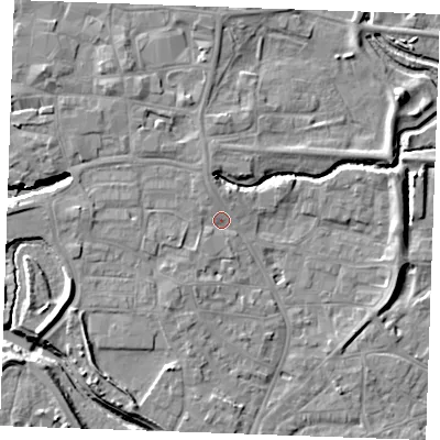 Shaded relief map of the ground around PE305ES, computed from Environment Agency LiDAR. The ground here sits at about 5 m above sea level and falls 9 m across the surrounding 800 m. Surface water reaching this point runs off ground lying to the north-north-west, 2.4 m higher.