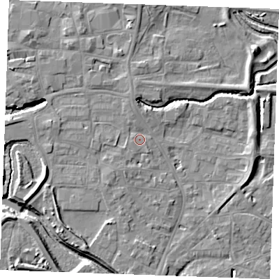 Shaded relief map of the ground around PE305ET, computed from Environment Agency LiDAR. The ground here sits at about 4 m above sea level and falls 9 m across the surrounding 800 m. Surface water reaching this point runs off ground lying to the north-north-west, 2.4 m higher.