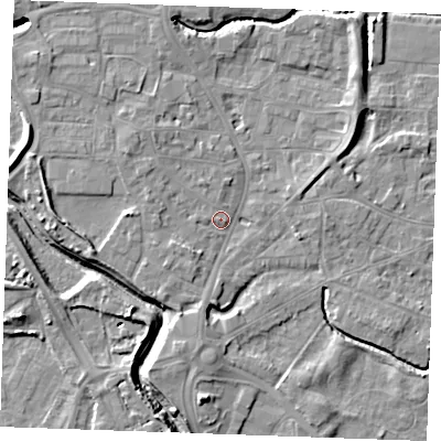 Shaded relief map of the ground around PE305EU, computed from Environment Agency LiDAR. The ground here sits at about 4 m above sea level and falls 8 m across the surrounding 800 m. Surface water reaching this point runs off ground lying to the north-west, 3.4 m higher.