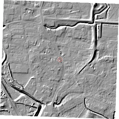 Shaded relief map of the ground around PE305EX, computed from Environment Agency LiDAR. The ground here sits at about 4 m above sea level and falls 8 m across the surrounding 800 m. Surface water reaching this point runs off ground lying to the west, 3.5 m higher.