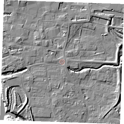 Shaded relief map of the ground around PE305EZ, computed from Environment Agency LiDAR. The ground here sits at about 5 m above sea level and falls 10 m across the surrounding 800 m. Surface water reaching this point runs off ground lying to the west-north-west, 3.0 m higher.