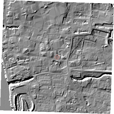 Shaded relief map of the ground around PE305FA, computed from Environment Agency LiDAR. The ground here sits at about 5 m above sea level and falls 10 m across the surrounding 800 m. Surface water reaching this point runs off ground lying to the west, 2.1 m higher.