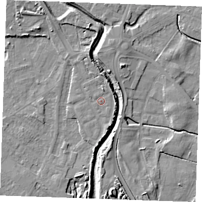 Shaded relief map of the ground around PE305FB, computed from Environment Agency LiDAR. The ground here sits at about 5 m above sea level and falls 11 m across the surrounding 800 m. Surface water reaching this point runs off ground lying to the north-north-east, 3.0 m higher.