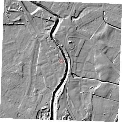 Shaded relief map of the ground around PE305FD, computed from Environment Agency LiDAR. The ground here sits at about 5 m above sea level and falls 11 m across the surrounding 800 m. Surface water reaching this point runs off ground lying to the north, 3.0 m higher.