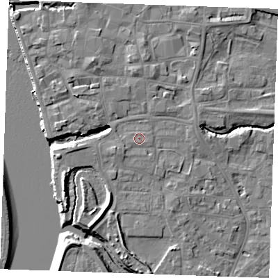 Shaded relief map of the ground around PE305FE, computed from Environment Agency LiDAR. The ground here sits at about 5 m above sea level and falls 10 m across the surrounding 800 m. Surface water reaching this point runs off ground lying to the south-west, 1.0 m higher.