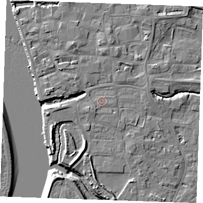 Shaded relief map of the ground around PE305FF, computed from Environment Agency LiDAR. The ground here sits at about 5 m above sea level and falls 10 m across the surrounding 800 m. Surface water reaching this point runs off ground lying to the south-south-west, 1.0 m higher.