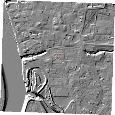 Shaded relief map of the ground around PE305FG, computed from Environment Agency LiDAR. The ground here sits at about 6 m above sea level and falls 10 m across the surrounding 800 m. Surface water reaching this point runs off ground lying to the south-west, 1.0 m higher.
