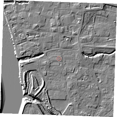 Shaded relief map of the ground around PE305FH, computed from Environment Agency LiDAR. The ground here sits at about 5 m above sea level and falls 10 m across the surrounding 800 m. Surface water reaching this point runs off ground lying to the west-south-west, 1.0 m higher.