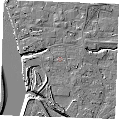 Shaded relief map of the ground around PE305FJ, computed from Environment Agency LiDAR. The ground here sits at about 5 m above sea level and falls 10 m across the surrounding 800 m. Surface water reaching this point runs off ground lying to the west, 1.3 m higher.