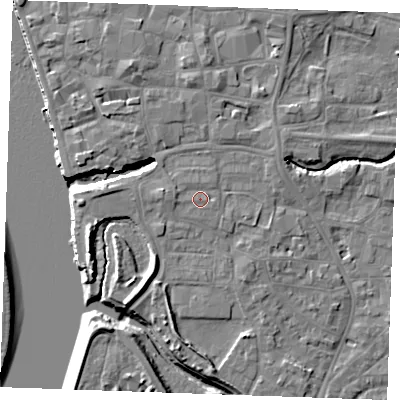 Shaded relief map of the ground around PE305FN, computed from Environment Agency LiDAR. The ground here sits at about 6 m above sea level and falls 10 m across the surrounding 800 m. Surface water reaching this point runs off ground lying to the west, 1.3 m higher.