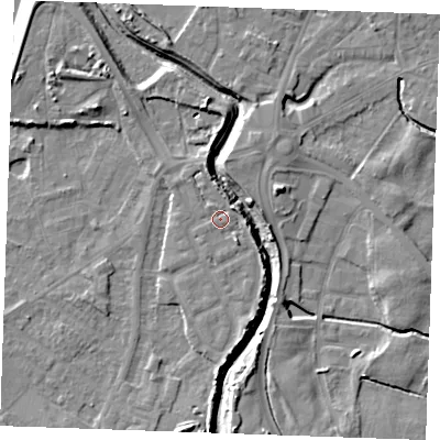 Shaded relief map of the ground around PE305FP, computed from Environment Agency LiDAR. The ground here sits at about 5 m above sea level and falls 8 m across the surrounding 800 m. Surface water reaching this point runs off ground lying to the north-north-east, 2.4 m higher.