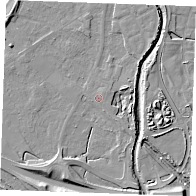 Shaded relief map of the ground around PE305GA, computed from Environment Agency LiDAR. The ground here sits at about 4 m above sea level and falls 12 m across the surrounding 800 m. Surface water reaching this point runs off ground lying to the south-east, 2.0 m higher.