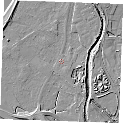 Shaded relief map of the ground around PE305GB, computed from Environment Agency LiDAR. The ground here sits at about 4 m above sea level and falls 12 m across the surrounding 800 m. Surface water reaching this point runs off ground lying to the south-east, 1.3 m higher.