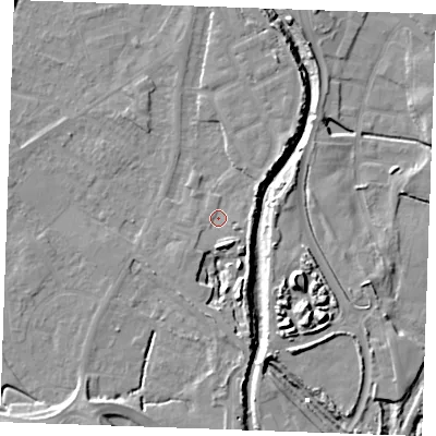 Shaded relief map of the ground around PE305GD, computed from Environment Agency LiDAR. The ground here sits at about 4 m above sea level and falls 12 m across the surrounding 800 m. Surface water reaching this point runs off ground lying to the south-south-east, 7.9 m higher.