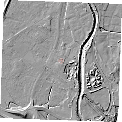 Shaded relief map of the ground around PE305GE, computed from Environment Agency LiDAR. The ground here sits at about 4 m above sea level and falls 12 m across the surrounding 800 m. Surface water reaching this point runs off ground lying to the south-east, 7.9 m higher.