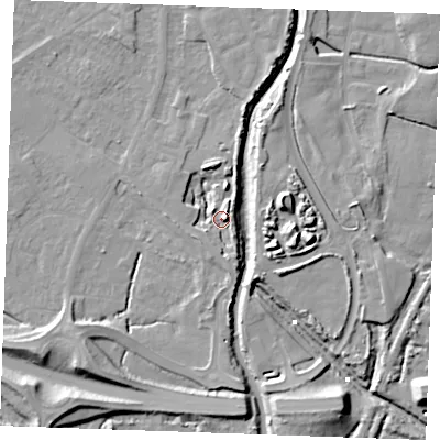 Shaded relief map of the ground around PE305GF, computed from Environment Agency LiDAR. The ground here sits at about 4 m above sea level and falls 12 m across the surrounding 800 m. Surface water reaching this point runs off ground lying to the east-north-east, 7.0 m higher.