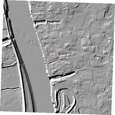 Shaded relief map of the ground around PE305GH, computed from Environment Agency LiDAR. The ground here sits at about 5 m above sea level and falls 10 m across the surrounding 800 m. Surface water reaching this point runs off ground lying to the east-south-east, 2.3 m higher.