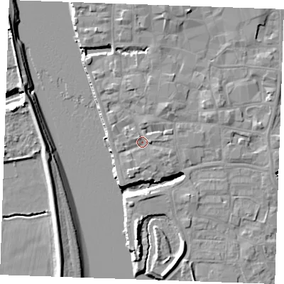 Shaded relief map of the ground around PE305GJ, computed from Environment Agency LiDAR. The ground here sits at about 5 m above sea level and falls 10 m across the surrounding 800 m. Surface water reaching this point runs off ground lying to the east, 1.8 m higher.