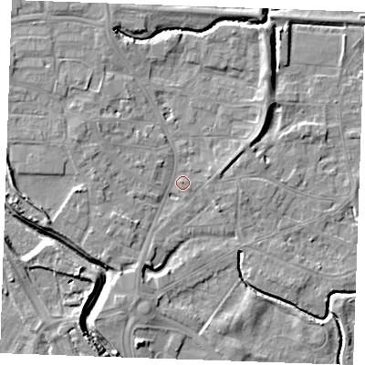 Shaded relief map of the ground around PE305GL, computed from Environment Agency LiDAR. The ground here sits at about 4 m above sea level and falls 7 m across the surrounding 800 m. Surface water reaching this point runs off ground lying to the north-east, 3.8 m higher.
