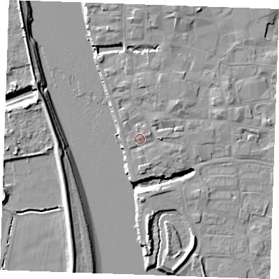Shaded relief map of the ground around PE305GN, computed from Environment Agency LiDAR. The ground here sits at about 5 m above sea level and falls 10 m across the surrounding 800 m. Surface water reaching this point runs off ground lying to the east, 1.8 m higher.