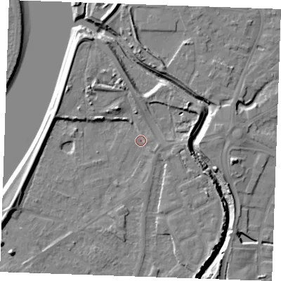 Shaded relief map of the ground around PE305GP, computed from Environment Agency LiDAR. The ground here sits at about 3 m above sea level and falls 9 m across the surrounding 800 m. Surface water reaching this point runs off ground lying to the east-south-east, 2.2 m higher.