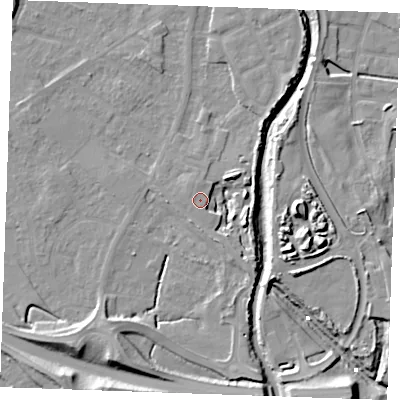 Shaded relief map of the ground around PE305GQ, computed from Environment Agency LiDAR. The ground here sits at about 5 m above sea level and falls 12 m across the surrounding 800 m. Surface water reaching this point runs off ground lying to the east-south-east, 7.9 m higher.
