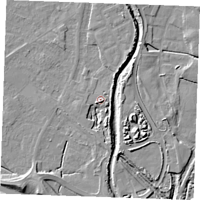 Shaded relief map of the ground around PE305GR, computed from Environment Agency LiDAR. The ground here sits at about 5 m above sea level and falls 12 m across the surrounding 800 m. Surface water reaching this point runs off ground lying to the south, 6.4 m higher.