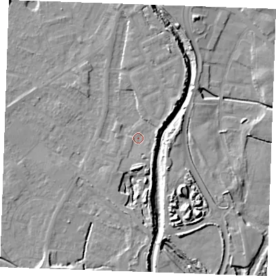 Shaded relief map of the ground around PE305GS, computed from Environment Agency LiDAR. The ground here sits at about 4 m above sea level and falls 12 m across the surrounding 800 m. Surface water reaching this point runs off ground lying to the south, 7.9 m higher.