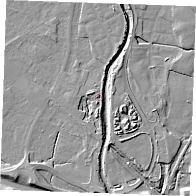 Shaded relief map of the ground around PE305GT, computed from Environment Agency LiDAR. The ground here sits at about 4 m above sea level and falls 12 m across the surrounding 800 m. Surface water reaching this point runs off ground lying to the south, 4.1 m higher.