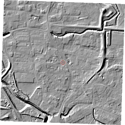 Shaded relief map of the ground around PE305HA, computed from Environment Agency LiDAR. The ground here sits at about 4 m above sea level and falls 8 m across the surrounding 800 m. Surface water reaching this point runs off ground lying to the west-south-west, 3.5 m higher.