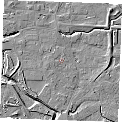 Shaded relief map of the ground around PE305HD, computed from Environment Agency LiDAR. The ground here sits at about 5 m above sea level and falls 9 m across the surrounding 800 m. Surface water reaching this point runs off ground lying to the west, 1.9 m higher.