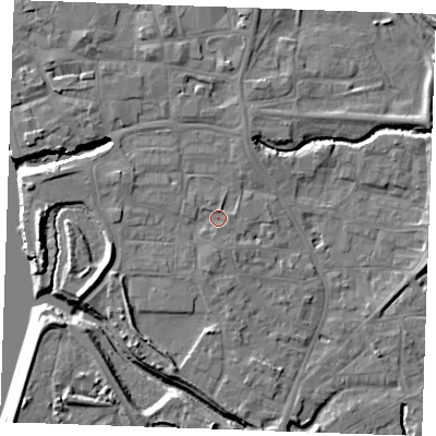 Shaded relief map of the ground around PE305HF, computed from Environment Agency LiDAR. The ground here sits at about 5 m above sea level and falls 10 m across the surrounding 800 m. Surface water reaching this point runs off ground lying to the south, 1.4 m higher.