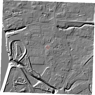 Shaded relief map of the ground around PE305HG, computed from Environment Agency LiDAR. The ground here sits at about 5 m above sea level and falls 10 m across the surrounding 800 m. Surface water reaching this point runs off ground lying to the south, 1.4 m higher.