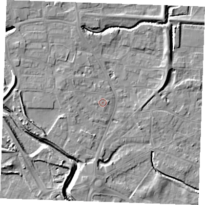 Shaded relief map of the ground around PE305HH, computed from Environment Agency LiDAR. The ground here sits at about 4 m above sea level and falls 8 m across the surrounding 800 m. Surface water reaching this point runs off ground lying to the west-south-west, 0.6 m higher.