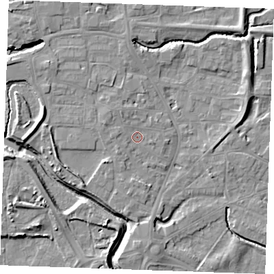 Shaded relief map of the ground around PE305HJ, computed from Environment Agency LiDAR. The ground here sits at about 4 m above sea level and falls 9 m across the surrounding 800 m. Surface water reaching this point runs off ground lying to the west-north-west, 1.7 m higher.