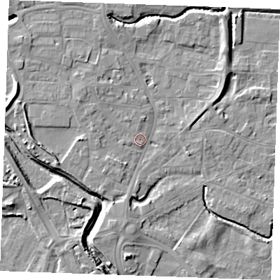 Shaded relief map of the ground around PE305HN, computed from Environment Agency LiDAR. The ground here sits at about 4 m above sea level and falls 8 m across the surrounding 800 m. Surface water reaching this point runs off ground lying to the west-north-west, 3.4 m higher.