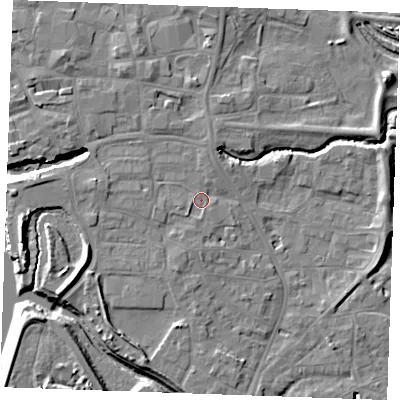 Shaded relief map of the ground around PE305HP, computed from Environment Agency LiDAR. The ground here sits at about 5 m above sea level and falls 10 m across the surrounding 800 m. Surface water reaching this point runs off ground lying to the north-north-west, 2.2 m higher.