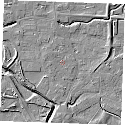 Shaded relief map of the ground around PE305HQ, computed from Environment Agency LiDAR. The ground here sits at about 4 m above sea level and falls 9 m across the surrounding 800 m. Surface water reaching this point runs off ground lying to the west, 0.8 m higher.