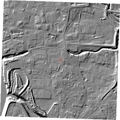Shaded relief map of the ground around PE305HR, computed from Environment Agency LiDAR. The ground here sits at about 5 m above sea level and falls 10 m across the surrounding 800 m. Surface water reaching this point runs off ground lying to the north-north-west, 1.8 m higher.