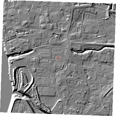 Shaded relief map of the ground around PE305HS, computed from Environment Agency LiDAR. The ground here sits at about 5 m above sea level and falls 10 m across the surrounding 800 m. Surface water reaching this point runs off ground lying to the west, 1.6 m higher.