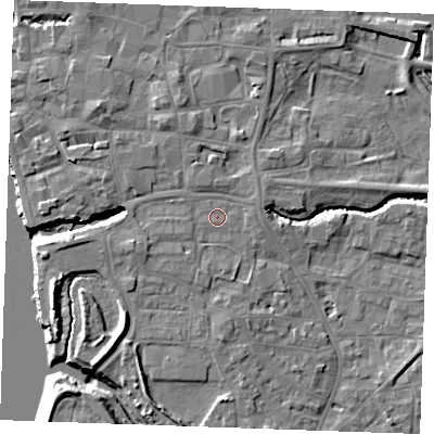 Shaded relief map of the ground around PE305HT, computed from Environment Agency LiDAR. The ground here sits at about 5 m above sea level and falls 10 m across the surrounding 800 m. The ground contributing surface water to this point lies to the south-west.