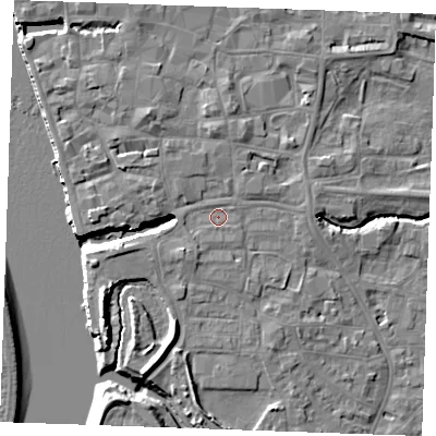 Shaded relief map of the ground around PE305HX, computed from Environment Agency LiDAR. The ground here sits at about 5 m above sea level and falls 10 m across the surrounding 800 m. Surface water reaching this point runs off ground lying to the south-south-west, 1.2 m higher.