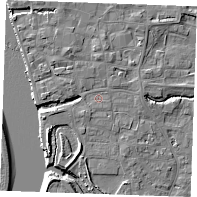 Shaded relief map of the ground around PE305HY, computed from Environment Agency LiDAR. The ground here sits at about 5 m above sea level and falls 10 m across the surrounding 800 m. Surface water reaching this point runs off ground lying to the south-south-west, 1.2 m higher.