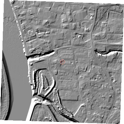Shaded relief map of the ground around PE305HZ, computed from Environment Agency LiDAR. The ground here sits at about 5 m above sea level and falls 10 m across the surrounding 800 m. Surface water reaching this point runs off ground lying to the west-south-west, 1.0 m higher.
