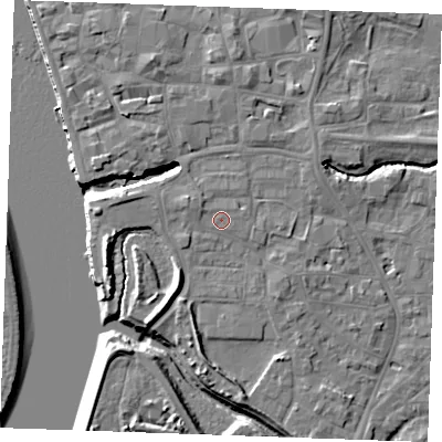 Shaded relief map of the ground around PE305JE, computed from Environment Agency LiDAR. The ground here sits at about 5 m above sea level and falls 10 m across the surrounding 800 m. Surface water reaching this point runs off ground lying to the west-north-west, 0.8 m higher.