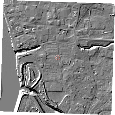 Shaded relief map of the ground around PE305JF, computed from Environment Agency LiDAR. The ground here sits at about 5 m above sea level and falls 10 m across the surrounding 800 m. Surface water reaching this point runs off ground lying to the west, 1.3 m higher.