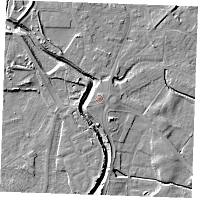 Shaded relief map of the ground around PE305JH, computed from Environment Agency LiDAR. The ground here sits at about 6 m above sea level and falls 9 m across the surrounding 800 m. Surface water reaching this point runs off ground lying to the west-south-west, 0.9 m higher.