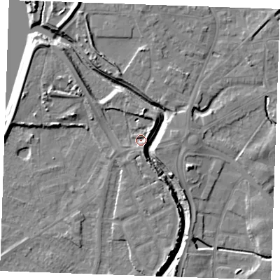 Shaded relief map of the ground around PE305JL, computed from Environment Agency LiDAR. The ground here sits at about 3 m above sea level and falls 9 m across the surrounding 800 m. Surface water reaching this point runs off ground lying to the south, 3.1 m higher.